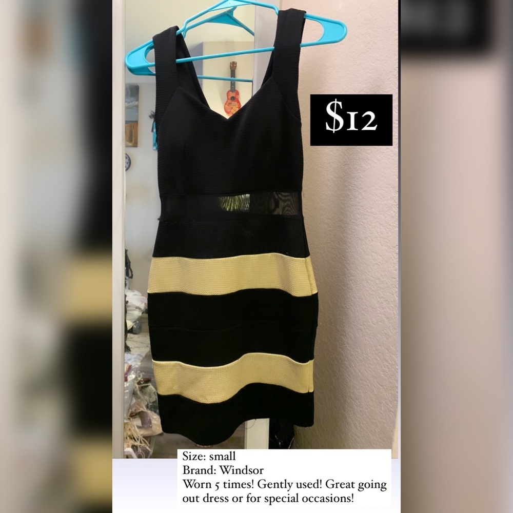 Black and gold stripes fitted stretch party dress